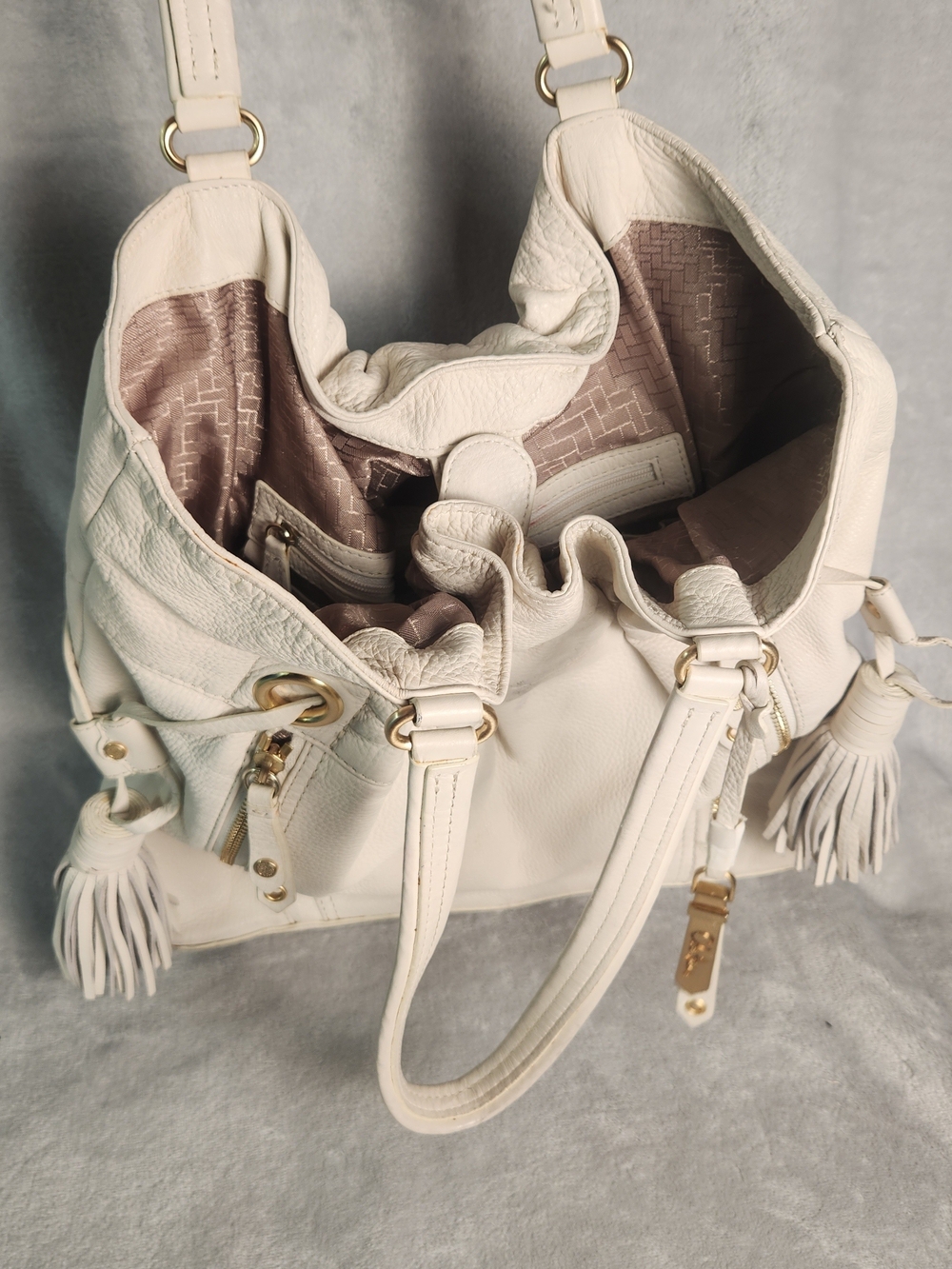 Cole Haan Cream Leather Hobo with Tassel and Gold Hardware